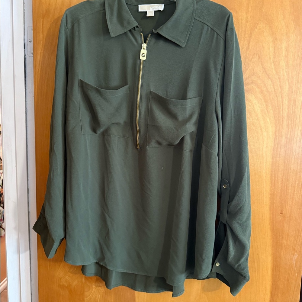 Michael Kors Olive Green Blouse with Gold Zip